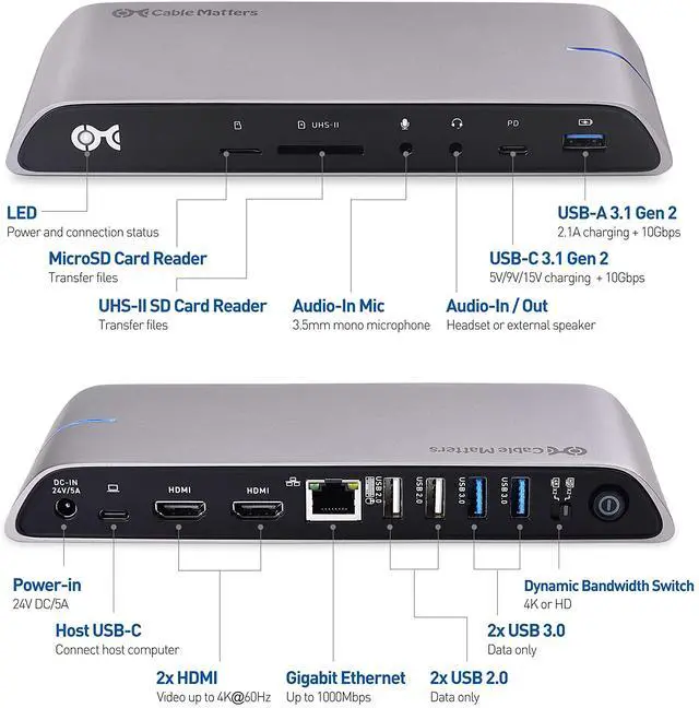 Alt view image 5 of 7 - Cable Matters 10Gbps USB C Dock (USB C Docking Station) with Dual 4K HDMI and 80W Laptop Charging for Windows Computers - USB-C and Thunderbolt 3 Port Compatible