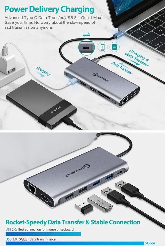 Alt view image 6 of 7 - USB C Hub, USB C Docking Station, UtechSmart Triple Display 12 in 1 Type C Laptop Dock Station Adapter Compatible for MacBook and Windows(3HDMI PD3.0 SD TF Card Reader Gigabit Ethernet 4USB Ports)