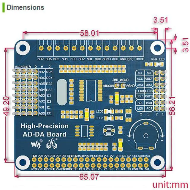Alt view image 7 of 7 - High-Precision AD/DA Expansion Board for Raspberry Pi 4B/3B+/3B/2B/Zero/W/Zero WH and Jetson Nano,Add High-Precision AD/DA Functions to Pi. Onboard ADS1256 8-CH 24bit ADC and DAC8532 2-CH 16bit DAC