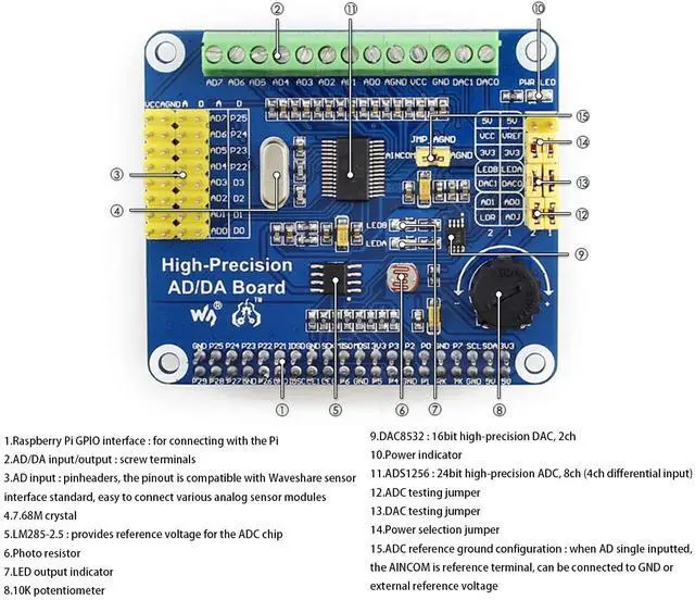 Alt view image 6 of 7 - High-Precision AD/DA Expansion Board for Raspberry Pi 4B/3B+/3B/2B/Zero/W/Zero WH and Jetson Nano,Add High-Precision AD/DA Functions to Pi. Onboard ADS1256 8-CH 24bit ADC and DAC8532 2-CH 16bit DAC