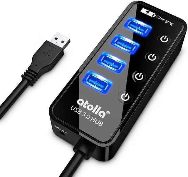 Main image of USB 3.0 Hub, atolla 4 Ports Super Speed USB 3 Hub Splitter with On Off Switch with 1 USB Charging Port (Cable Length 2 Feet, No AC Adapter) (4-Port hub)