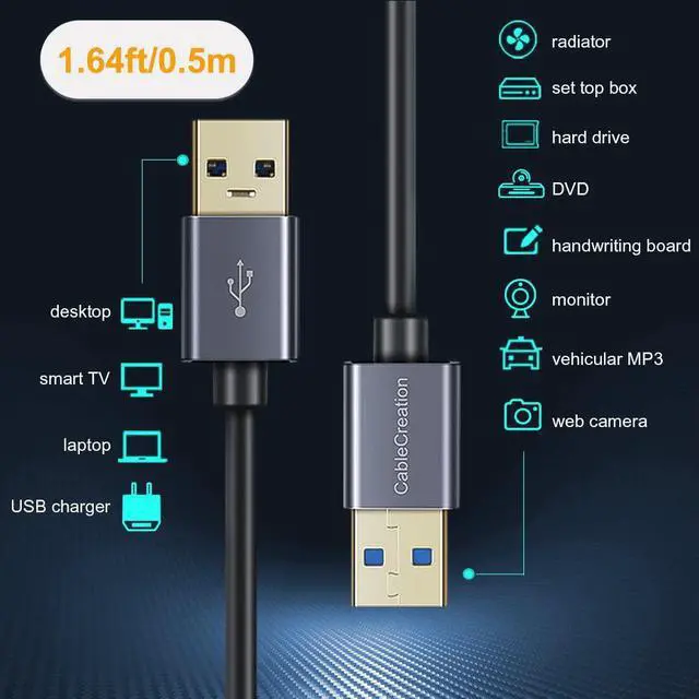 Alt view image 5 of 7 - Short USB to USB Cable, CableCreation USB 3.0 Type A Male to Male Cable, Compatible with External Hard Drive, Camera, Handwriting Board, Radiator and More, Space Gray, Aluminum Case, 1.6ft