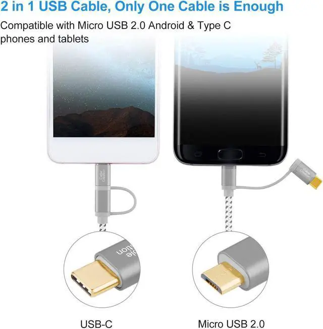Alt view image 5 of 7 - 2 in 1 USB C Cable, CableCreation 0.8ft Micro USB + USB C to USB A Fast Charge Cord Braided, Compatible with Sumsang Note 8, Pixel XL, Android & USB-C Devices, 0.25 M/Space Gray Aluminum Case