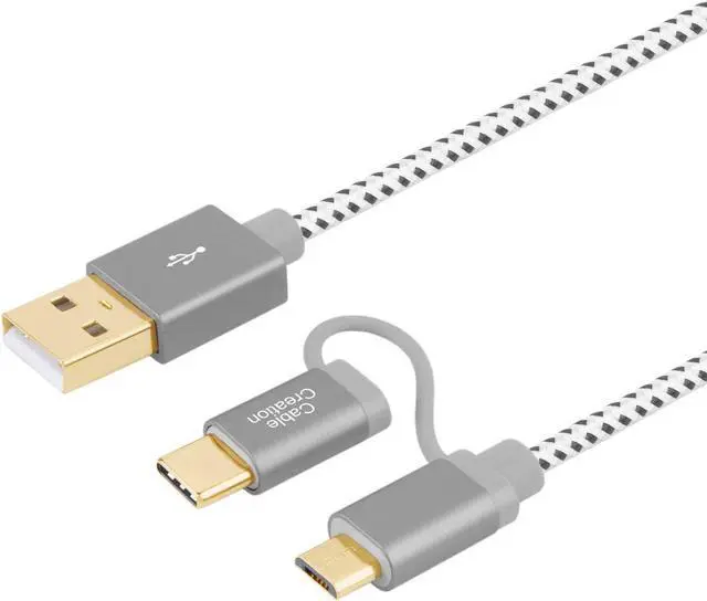 Alt view image 2 of 7 - 2 in 1 USB C Cable, CableCreation 0.8ft Micro USB + USB C to USB A Fast Charge Cord Braided, Compatible with Sumsang Note 8, Pixel XL, Android & USB-C Devices, 0.25 M/Space Gray Aluminum Case