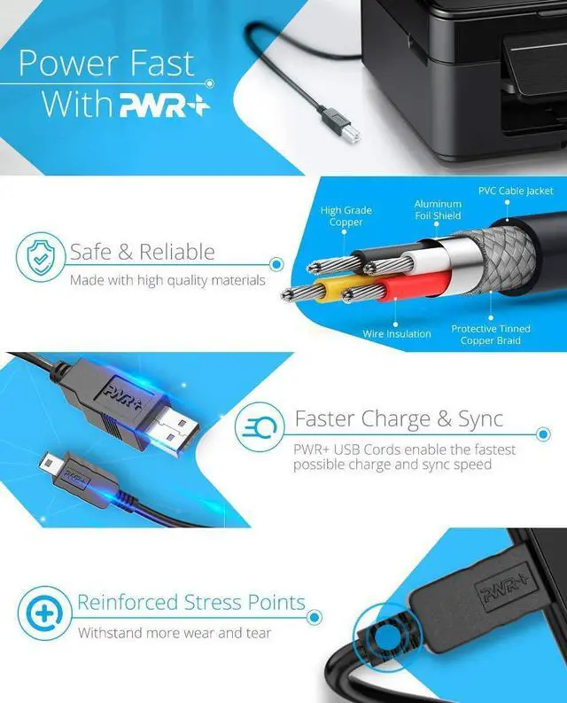 Alt view image 3 of 7 - 12Ft Extra Long USB-Printer-Cable 2.0 for OfficeJet LaserJet Envy Pixma Workforce Stylus Expression Home Silhouette Cameo Scanner Fax Cord