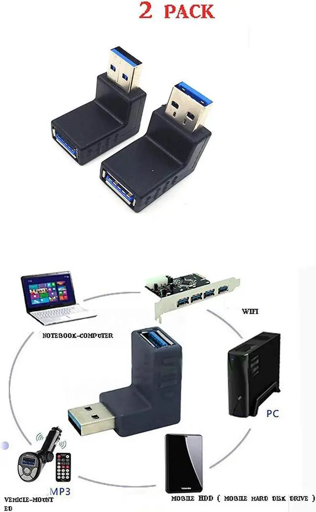 Alt view image 5 of 6 - 2pcs USB 3.0 up Down Male to Female Extension Adapter Combo Upward and Downward 90 Degree Right Angle USB 3.0 Super-Speed Connector Adapter(Black)