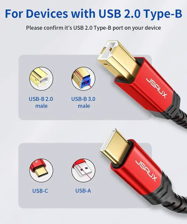 Alt view image 2 of 7 - USB B to USB C Printer Cable 10ft Nylon Braided USB C MIDI Cable Compatible for MacBook Pro HP Epson Canon Brother Lexmark Xerox Printers and Scanner-Red