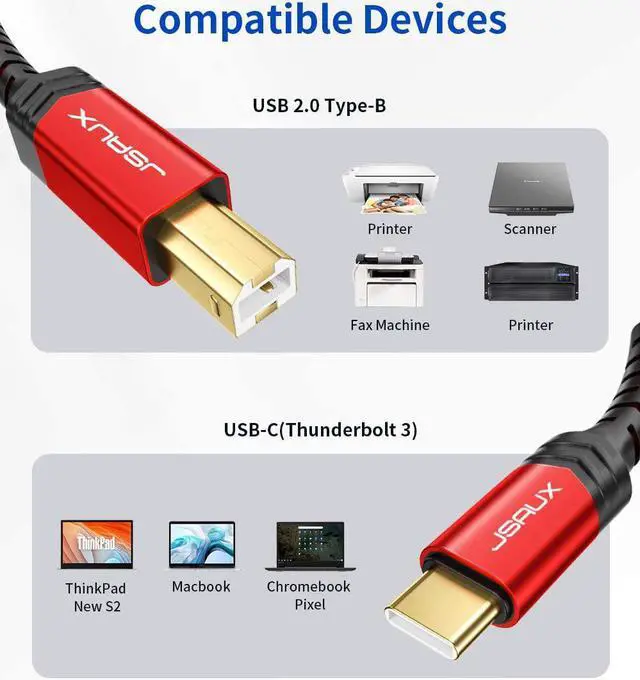 Alt view image 6 of 7 - USB B to USB C Printer Cable 10ft Nylon Braided USB C MIDI Cable Compatible for MacBook Pro HP Epson Canon Brother Lexmark Xerox Printers and Scanner-Red