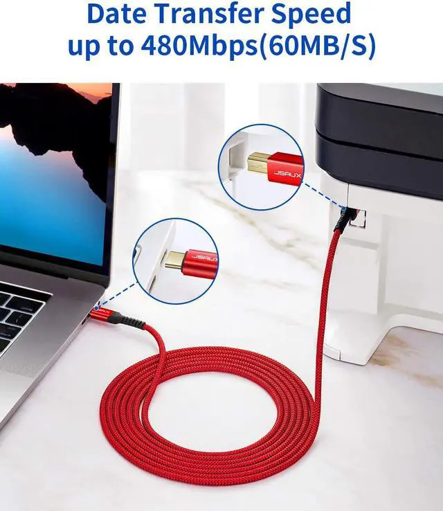Alt view image 3 of 7 - USB B to USB C Printer Cable 10ft Nylon Braided USB C MIDI Cable Compatible for MacBook Pro HP Epson Canon Brother Lexmark Xerox Printers and Scanner-Red