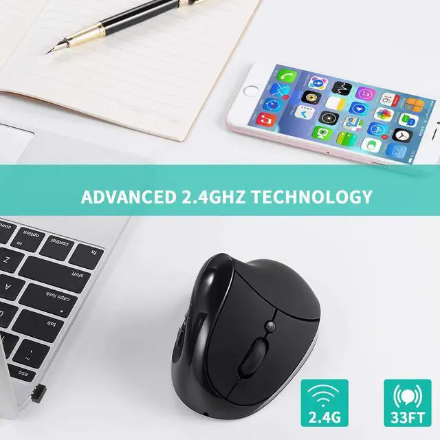 Alt view image 3 of 7 - Left-Handed Mouse, AURTEC Rechargeable 2.4G Wireless Ergonomic Vertical Mice with USB Receiver, 6 Buttons and 3 Adjustable DPI 800/1200/1600 for Left Hand, Black