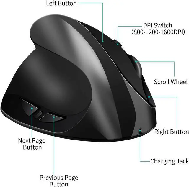 Alt view image 5 of 7 - Left-Handed Mouse, AURTEC Rechargeable 2.4G Wireless Ergonomic Vertical Mice with USB Receiver, 6 Buttons and 3 Adjustable DPI 800/1200/1600 for Left Hand, Black