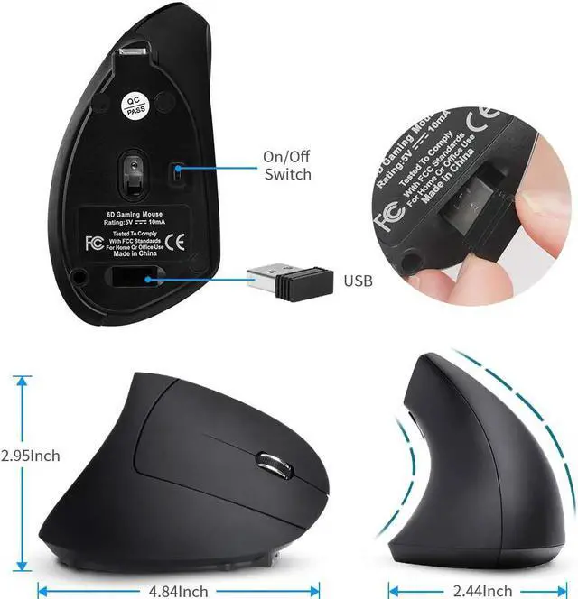 Alt view image 3 of 7 - Rechargeable Wireless Ergonomic Mouse, KKUYI Upgraded Vertical Wireless Mice 2.4G Optical Mouse with 6 Buttons 800/1200/1600 DPI Levels, for Laptop, Desktop, PC, MacBook, Notebook etc - Black