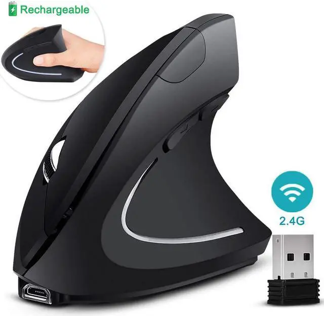 Main image of Rechargeable Wireless Ergonomic Mouse, KKUYI Upgraded Vertical Wireless Mice 2.4G Optical Mouse with 6 Buttons 800/1200/1600 DPI Levels, for Laptop, Desktop, PC, MacBook, Notebook etc - Black