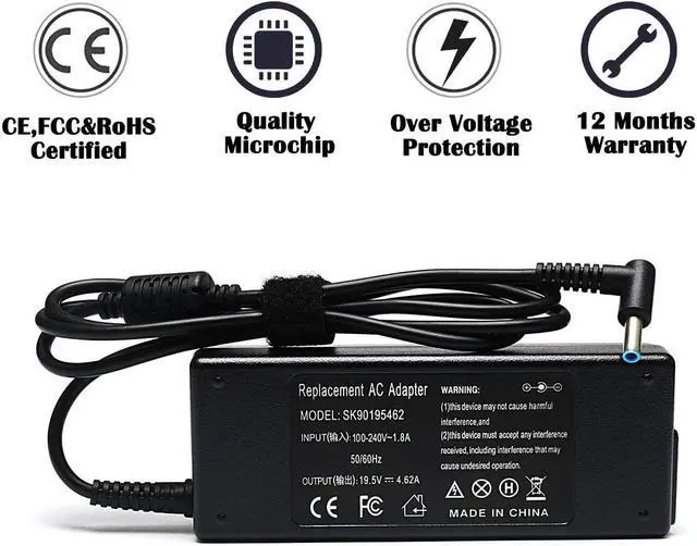 Alt view image 7 of 7 - 90W 19.5V 4.62A AC Adapter Laptop Charger for HP Envy Touchsmart Sleekbook 15 17 M6 M7 Series, HP Spectre X360 13 15, HP Pavilion 11 14 15 17 741727-001 740015-001 854117-850 Power Supply Cord Plug