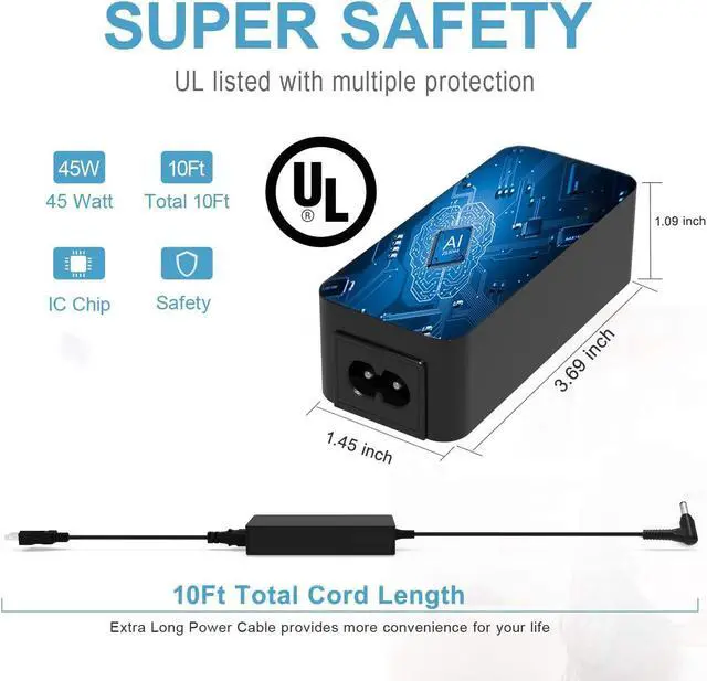 Alt view image 3 of 5 - 45W Charger Fit for Lenovo Chromebook N23 N42-20 N22-20 Touch, 100e 300e 500e Winbook Laptop Series Round Tip UL Listed AC Adapter Power Supply Cord