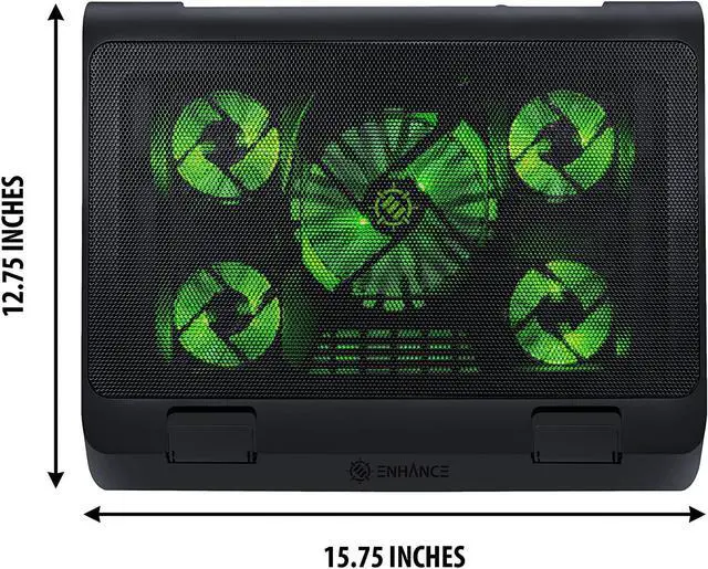Alt view image 7 of 7 - ENHANCE Gaming Laptop Cooling Pad Stand with LED Cooler Fans, Adjustable Height, Dual USB Port for 17 inch Laptops - 5 Ultra Quiet High Performance Fans 2630 RPM & Built-in Bumpers - Green