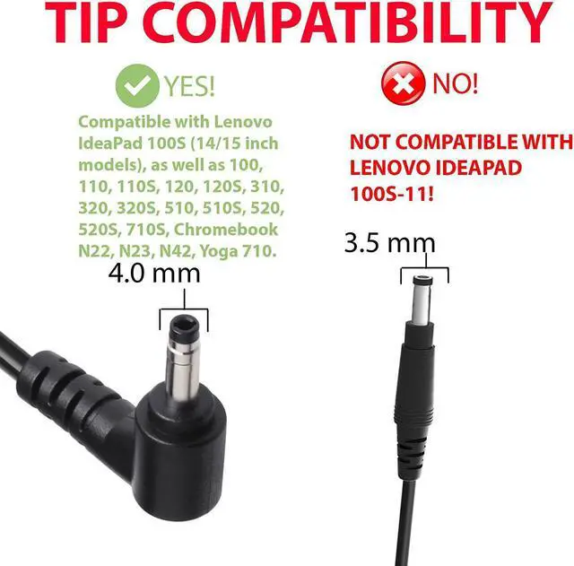 Alt view image 4 of 6 - 45W 20V 2.25A Power Charger fit Lenovo Ideapad 100, 110, 110s, 120s, 310, 320, 320s, 510, 510s, 520s, 710, 710s, 720s; Lenovo Chromebook 100s, N22, Yoga 710 11 14 15; Flex 4 1130 Flex 5 1470