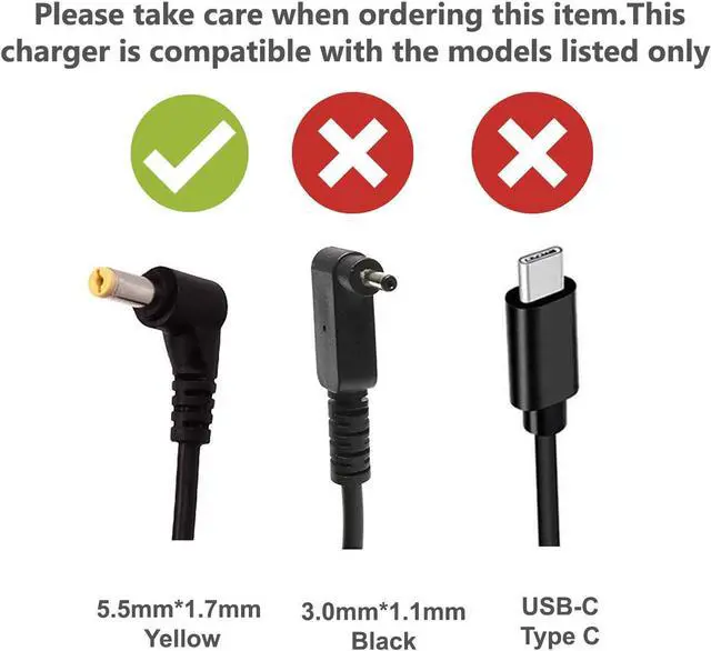 Alt view image 3 of 5 - AC Adapter Charger W/ Power Cord for Acer Aspire E15 ES1 E1 E3 E5 V3 V5 V7 A114 A315 A515 F15 F5 M3 M5 ADP-65JH DB PA-1650-02 ADP-65KB (Replaces Acer Yellow Tip Charger) Power Supply 19V 3.42A 65W