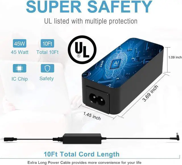 Alt view image 5 of 5 - 45W AC Charger Power Supply Adapter Cord Fit for HP 15-ay103dx Laptop PC Laptop
