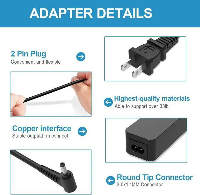 Alt view image 2 of 5 - 45W AC Charger Fit for Lenovo Chromebook Model 80MG 80MG000US 80MG001US Laptop Power Supply Adapter Cord 3.0x1.1mm
