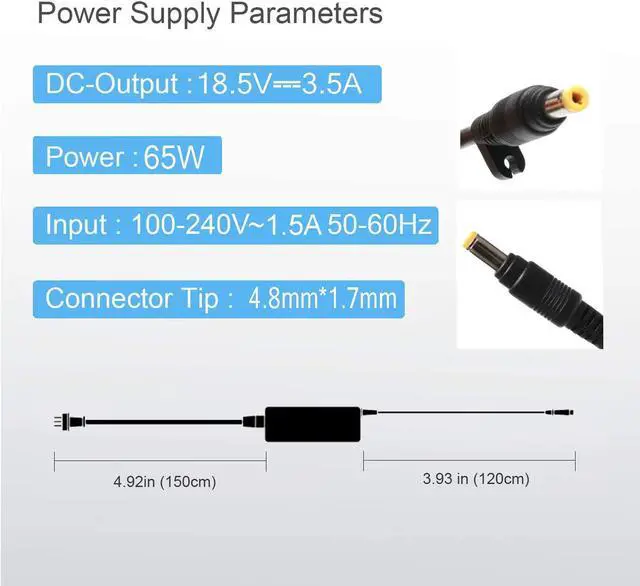Alt view image 6 of 7 - 65W Laptop Charger Adapter for HP Pavilion DV6000 DV6500 DV6700 DV1000 DV2000 DV4000 DV5000 DV8000 DV9000 DV9500, HP Compaq Presario C300 C500 C700 A900 F700, HP Spare 9155068 393954001 Power Cord