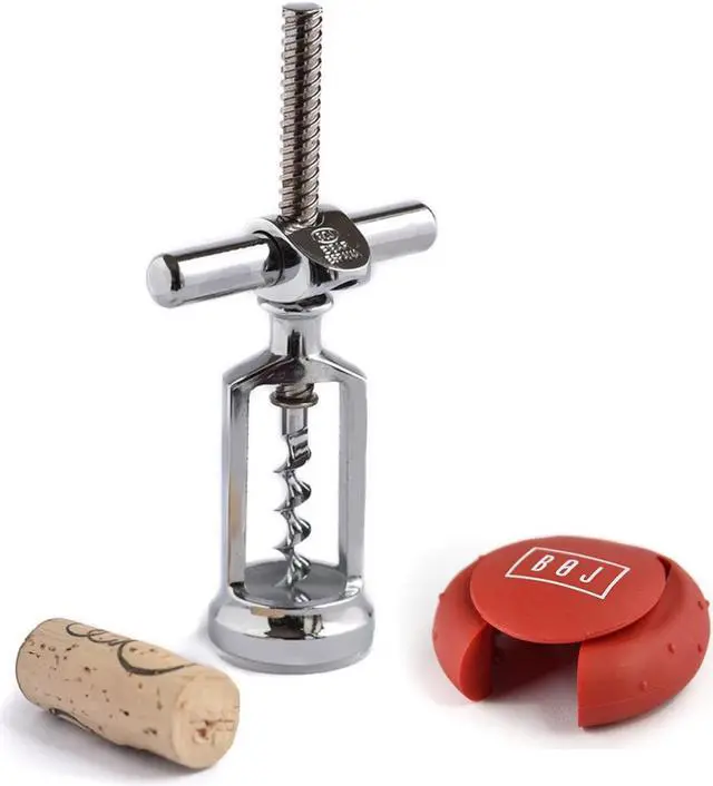 Main image of BOJ Self Pulling Corkscrew and Cap Cut Foil Cutter, Handheld Wine Opener Vintage Style, Gray Silver and Red