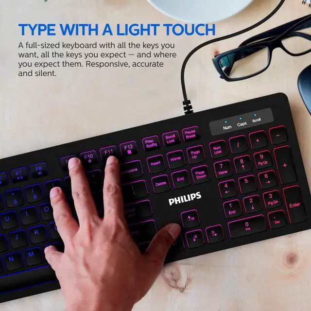 Alt view image 4 of 4 - PHILIPS Compact Wired Keyboard | Ultra-Slim Low-Profile Chiclet PC Keyboard | Quiet & Illuminated with Anti-Aliasing, N-Key Rollover, Win-Lock (SPK8264)