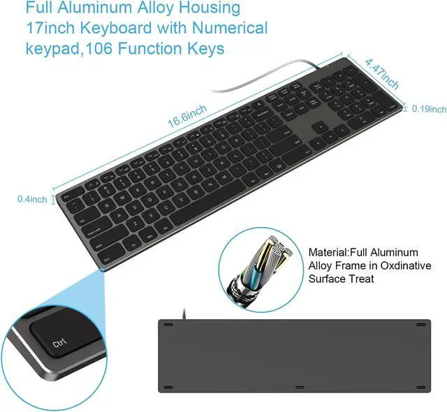 Alt view image 3 of 6 - Aluminum USB Wired Keyboard with Numeric Keypad for PC Windows 10/8 / 7 / Vista/XP