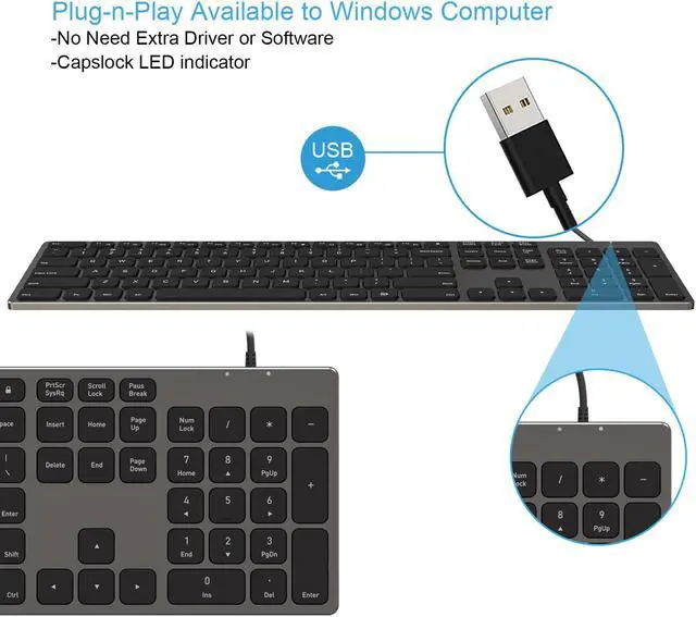 Alt view image 5 of 6 - Aluminum USB Wired Keyboard with Numeric Keypad for PC Windows 10/8 / 7 / Vista/XP