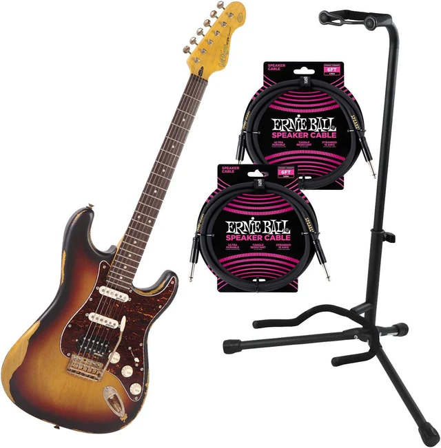 Main image of Vintage Icon Distressed V6HMR- Sunburst, GFW-GTR-1000 Stand, (2) ErnieBall Cables Bundle