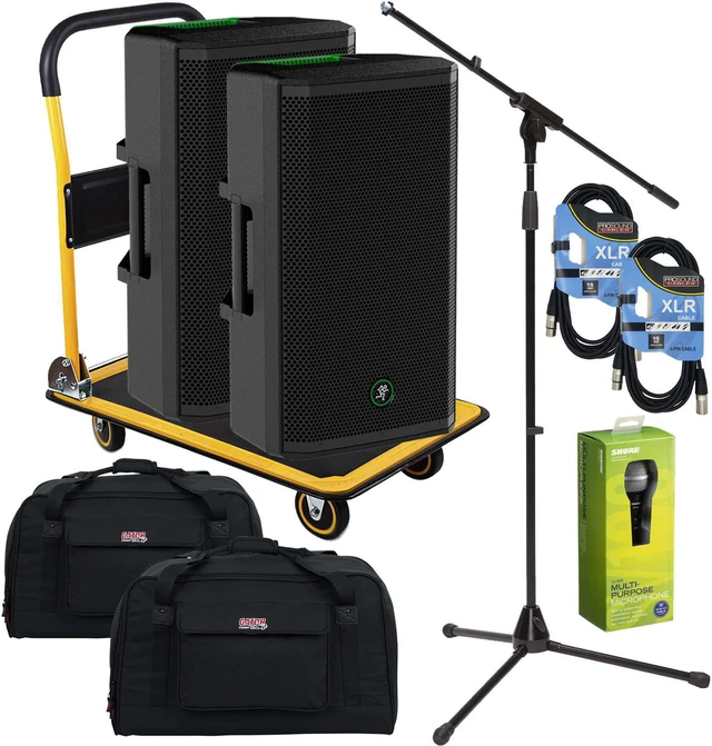 Main image of (2) Mackie Thrash212 12" 1300W Powered Speaker, (2) Gator Tote12 Bags, (2) XLR Cables, SV100, Mic Stand, Platform Cart Bundle