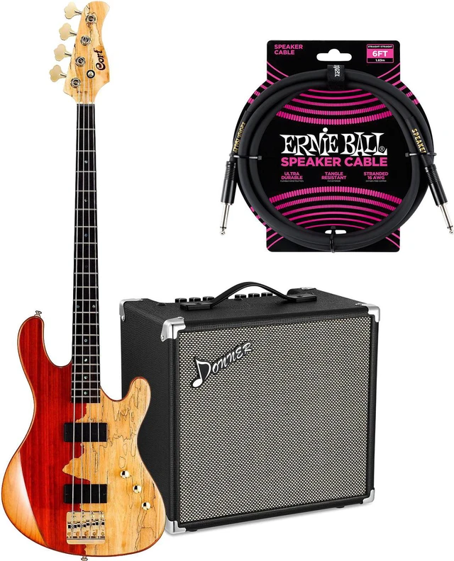 Main image of Cort Jeff Berlin Rithimic Bass Guitar – Natural Spalted Maple, Donner 30W Bass AMP, ErnieBall Cable Bundle