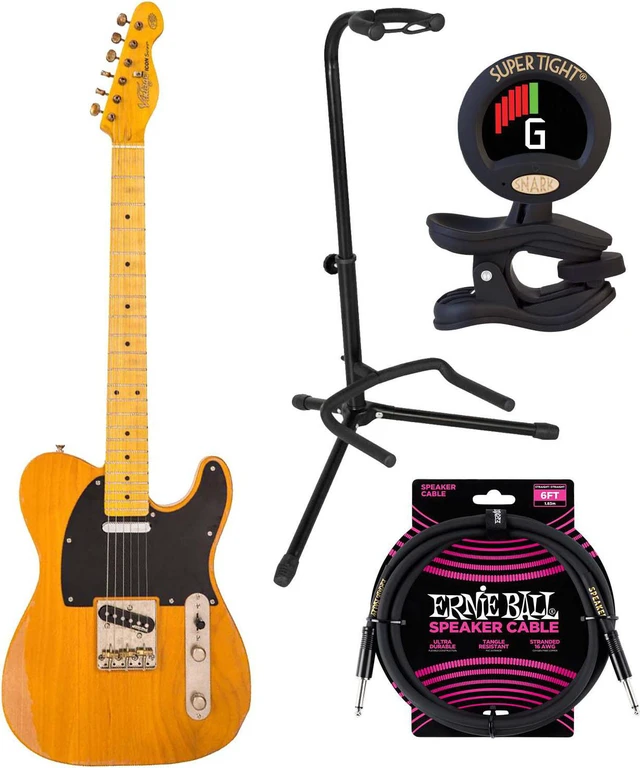 Main image of Vintage V52 ICON Electric Guitar Distressed Butterscotch, Gator GFW-GTR-1000 Stand, ErnieBall Cable Bundle