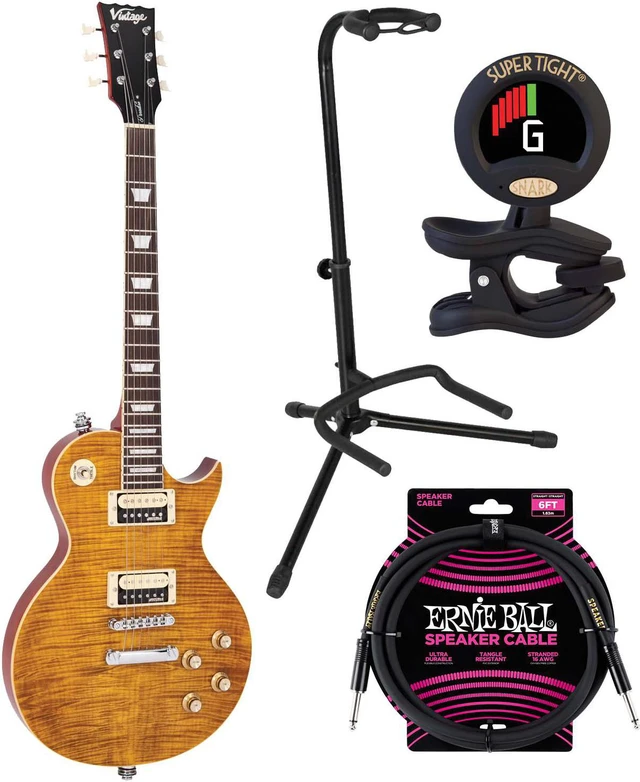 Main image of Vintage V100AFD ReIssued Electric Guitar Flamed Amber, Gator GFW-GTR-1000 Stand, ErnieBall Cable, Snark ST-8 Bundle