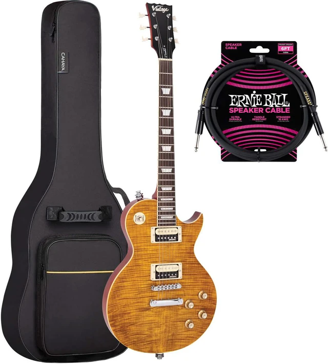 Main image of Vintage V100AFD ReIssued Electric Guitar Flamed Amber, CAHAYA Bag, ErnieBall Cable Bundle