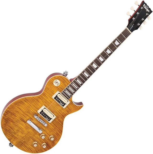 Alt view image 2 of 7 - Vintage V100AFD ReIssued Electric Guitar Flamed Amber, KLIQ TinyTune, ErnieBall Cable Bundle