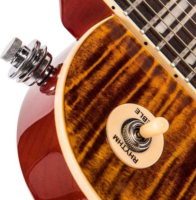 Alt view image 7 of 7 - Vintage V100AFD ReIssued Electric Guitar Flamed Amber, KLIQ TinyTune, ErnieBall Cable Bundle