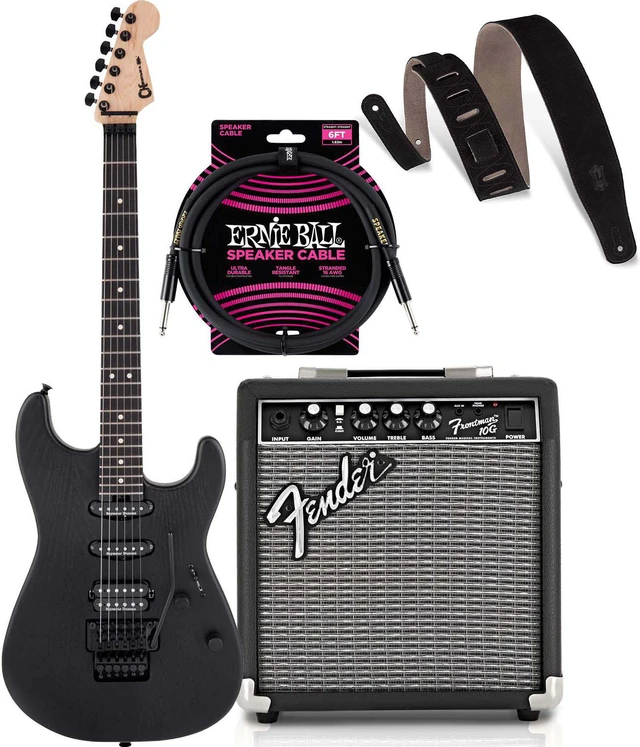Main image of Charvel Pro-Mod San Dimas Style 1 HSS FR Sassafras Satin Black, Fender Frontman 10G Amp, ErnieBall Cable, Levi's MS26-BLK Bundle