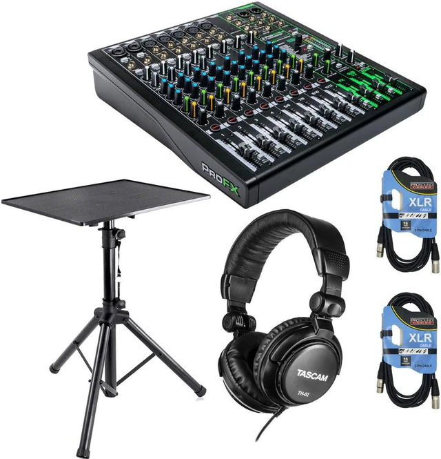 Main image of Mackie ProFX12v3 12-Channel Sound Reinforcement Mixer with Built-In FX + Tascam TH-02 Studio Headphones (Black) + Pro DJ Laptop, Projector Stand - Adjustable Laptop Stand and Cables.