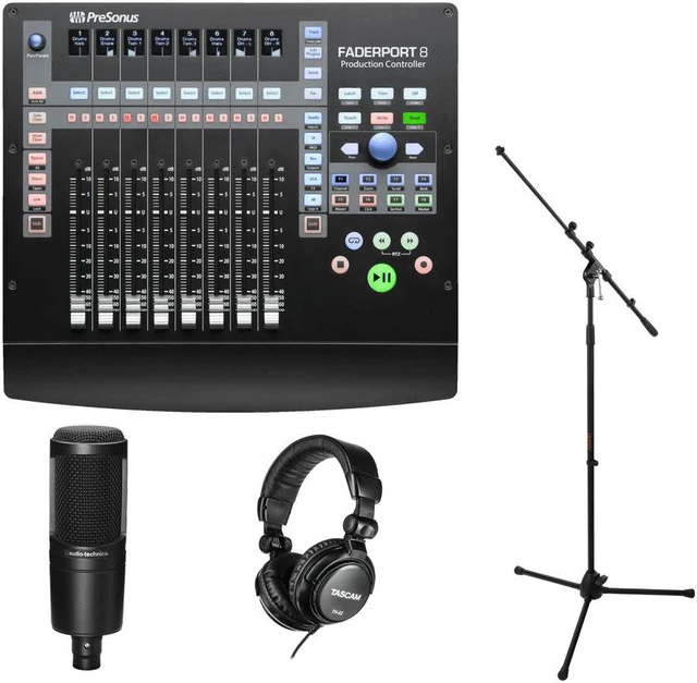 Main image of PreSonus Faderport 8 - Mix Production Controller. Audio-Technica AT2020 - Cardioid Condenser Microphone + Tascam TH-02 Studio Headphones (Black) and Mic Stand.