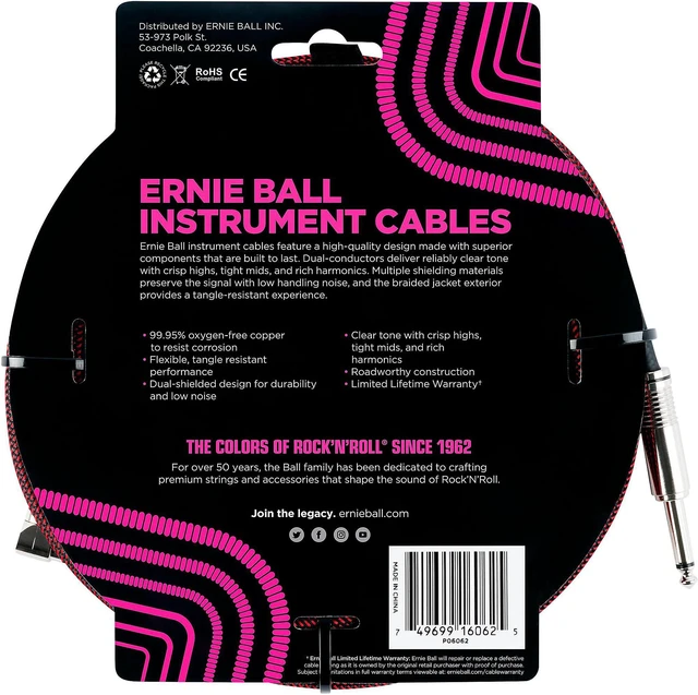 Alt view image 3 of 6 - (4) Ernie Ball PO6062 25 Braided Straight/Angle Instrument Cable Black/Red Bundle