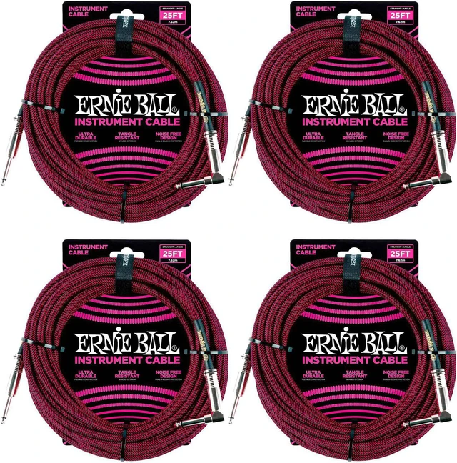 Main image of (4) Ernie Ball PO6062 25 Braided Straight/Angle Instrument Cable Black/Red Bundle