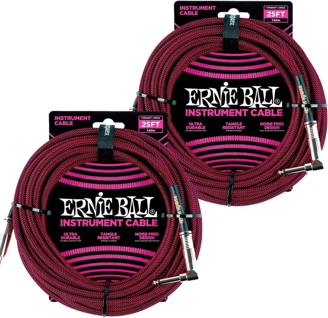 Main image of (2) Ernie Ball PO6062 25 Braided Straight/Angle Instrument Cable Black/Red Bundle