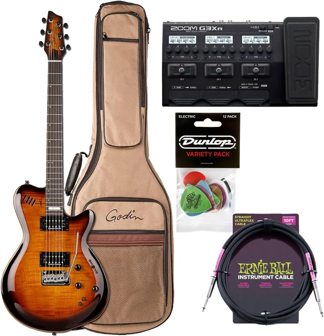 Main image of Godin (024124) LGXT Cognac Burst Flame Guitar / Bag, Zoom G3Xn Multi-Effects Processor, ErnieBall Cable, Dunlop Picks (PVP113) Bundle