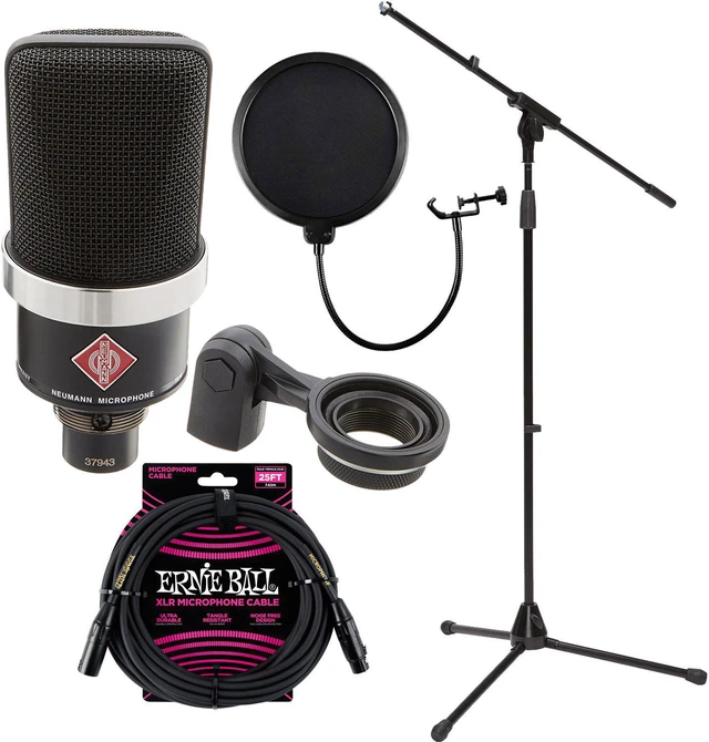 Main image of Neumann TLM-102 Studio Condenser Microphone (Black), Mic Stand, ErnieBall XLR Cable, POP Filter Bundle