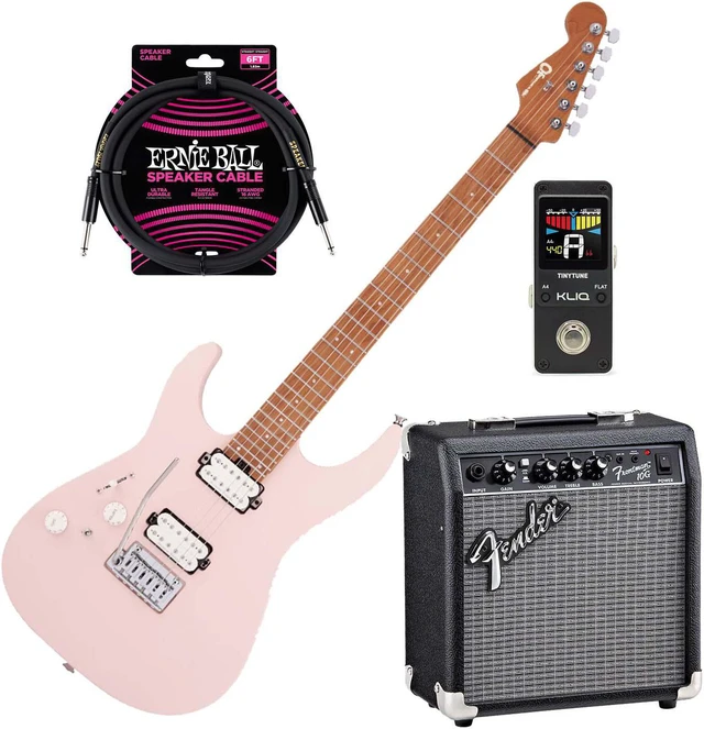 Main image of Charvel Pro-Mod DK24 HH 2PT CM LH (Satin Shell Pink), Fender Frontman 10G Amp, ErnieBall Cable, KLIQ TinyTune Bundle