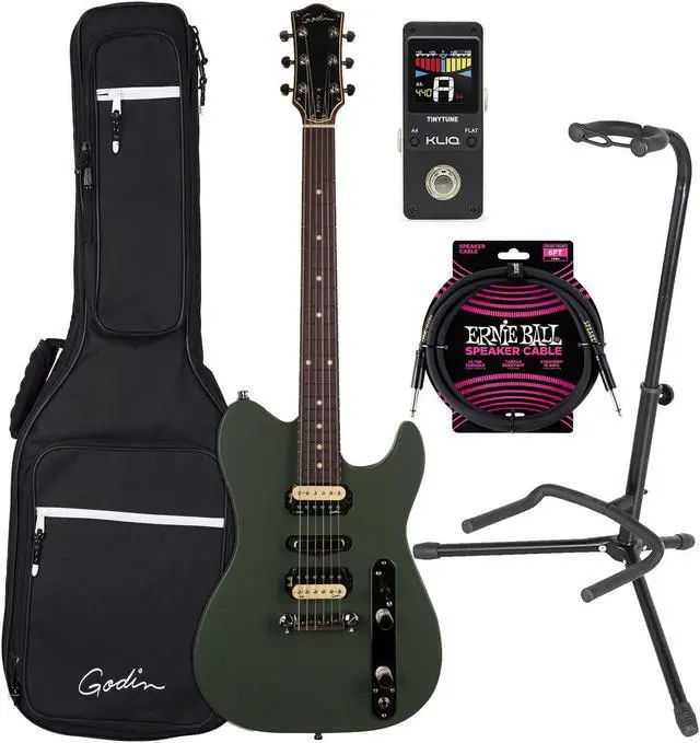 Main image of Godin (050406) Radium Electric Guitar  Matte Green, ErnieBall Cable, KLIQ TinyTune, Gator GFW-GTR-1000 Stand Bundle