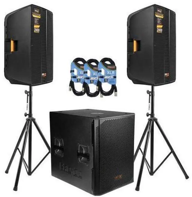 Main image of (2)PRO DG Cordoba 15A 2-Way Professional Active Speaker, 131dB, 2400 Watts DJ PA Speaker, PRO DG Aviator S118A Active Subwoofer 3200W, Speaker Stands with Bag, (3) XLR Cable Ideal for Musicians, DJs