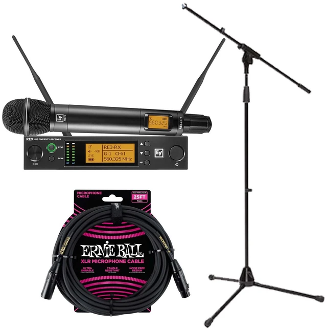 Main image of Electro-Voice RE3-ND76 Wireless Handheld Microphone System, Mic Stand, ErnieBall XLR 25ft Bundle