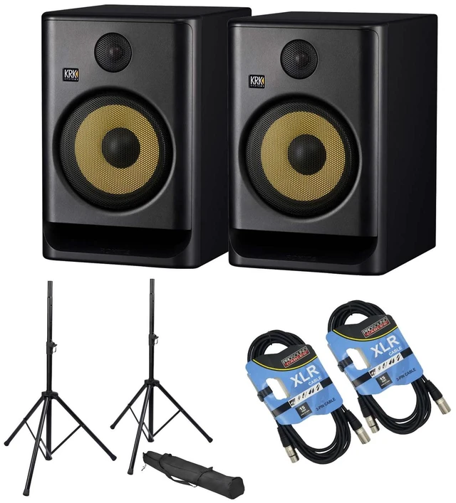 Main image of (2) KRK ROKIT 8 G5 8-inch Powered Studio Monitor (Black) - Pair of Desktop Speaker Stands - (2)XLR Cable Bundle